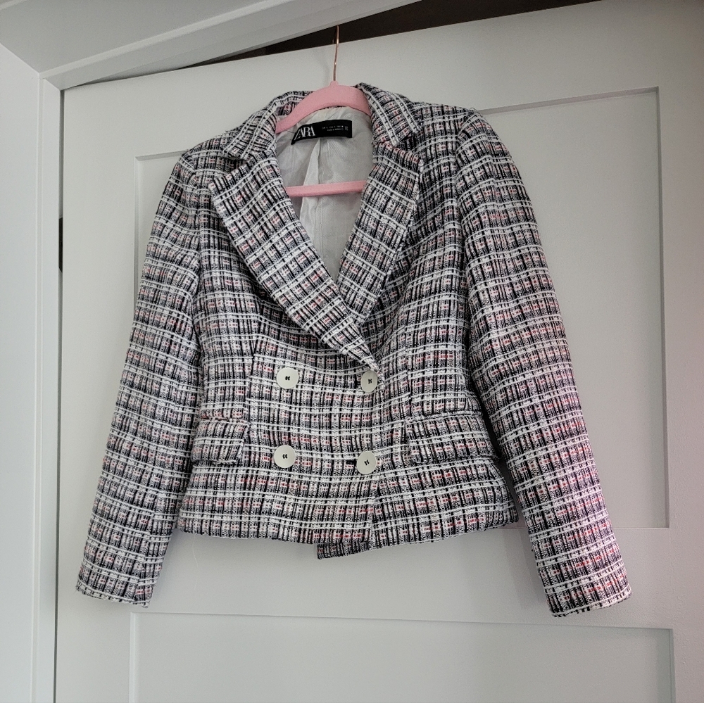 Zara Women's Blue and White, Red Plaid Jacket Size SMALL